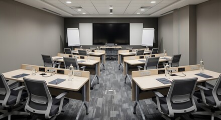 Modern Conference Room with Light Wood Tables and Gray Mesh Chairs