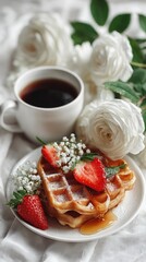 Delicate breakfast scene with waffles, strawberries, and tea