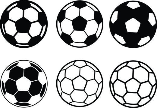 Set of classic soccer balls in black and white silhouette