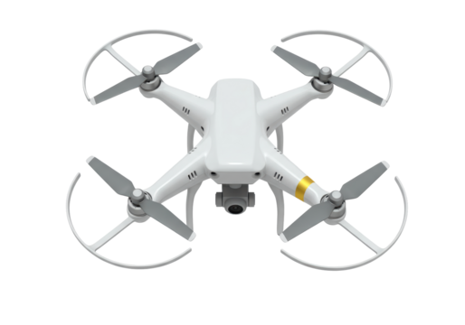 Isolated drone with blade guards for aerial photography, 4K video or commercial inspection