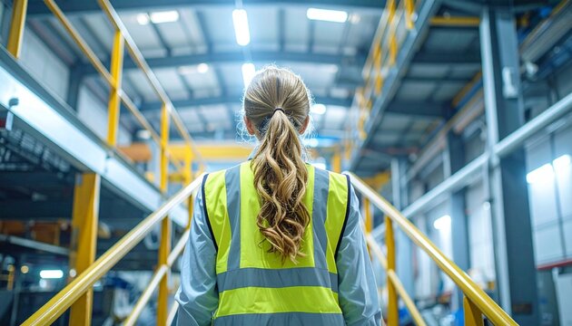 Female worker in safety vest climbing metal stairs in factory, conveying industry and safety.