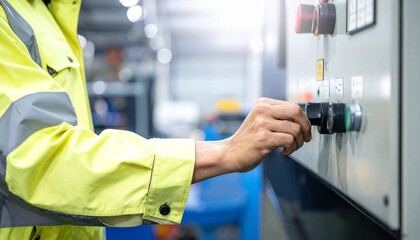 Close-up of worker’s hand adjusting a control knob on an industrial panel, symbolizing operation, precision, and technology.