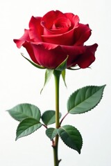 Single red Mister Lincoln rose, isolated on white Ample copy space to the right , elegant, red rose isolated, vibrant