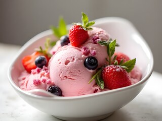 Strawberry Elegance Ice Cream Bowl: A graceful bowl of strawberry ice cream topped with fresh berries and mint.