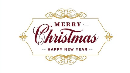 Elegant Christmas New Year Logo, Minimalist Line Art for T-Shirt Print, Burgundy Gold Red Design on White
