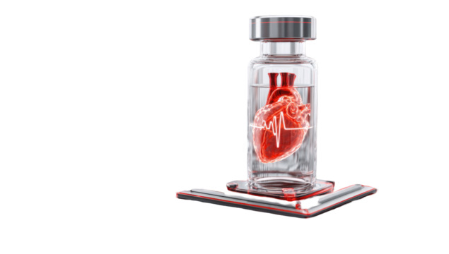 Transparent vial containing a 3D model of a human heart