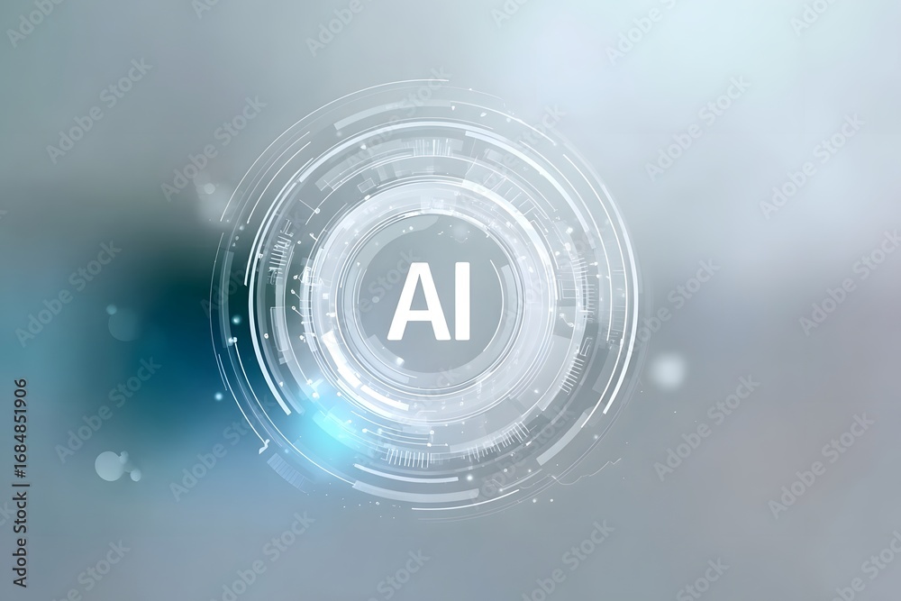 Wall mural abstract futuristic technology background with ai text and a white circle on a light blue-grey color