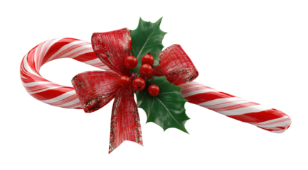Christmas candy cane with red ribbon bow holly leaves and berries holiday decoration on white or transparent background. 