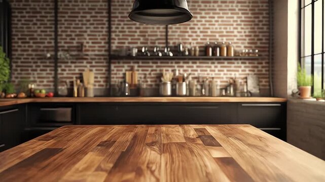 Empty wooden table in a modern industrial style kitchen