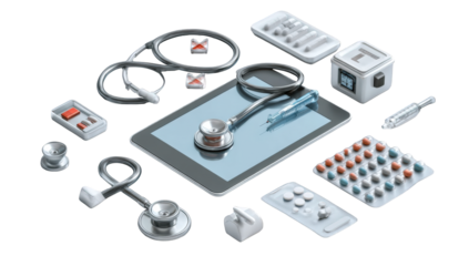 Medical supplies and equipment. A collection of medical instruments and tablets arranged in a flat design