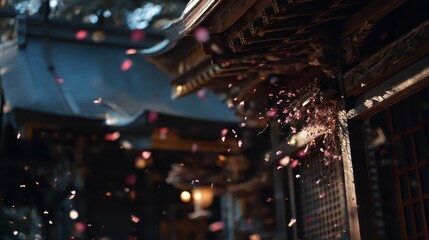 Aesthetic sakura petals floating in the wind over a shrine, cinematic fantasy style