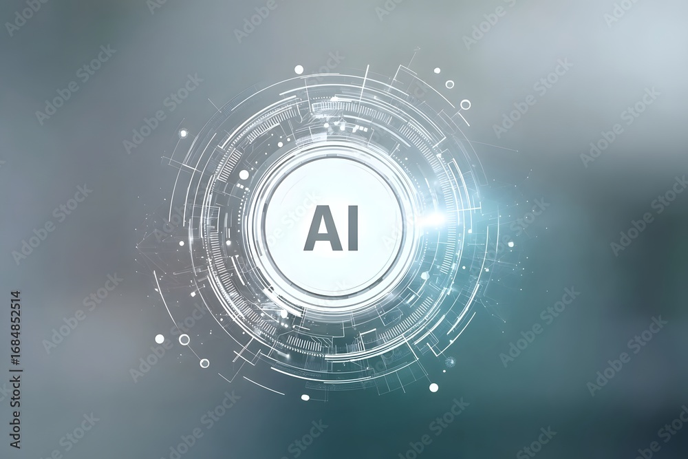 Wall mural abstract futuristic technology background with ai text and a white circle on a light blue-grey color