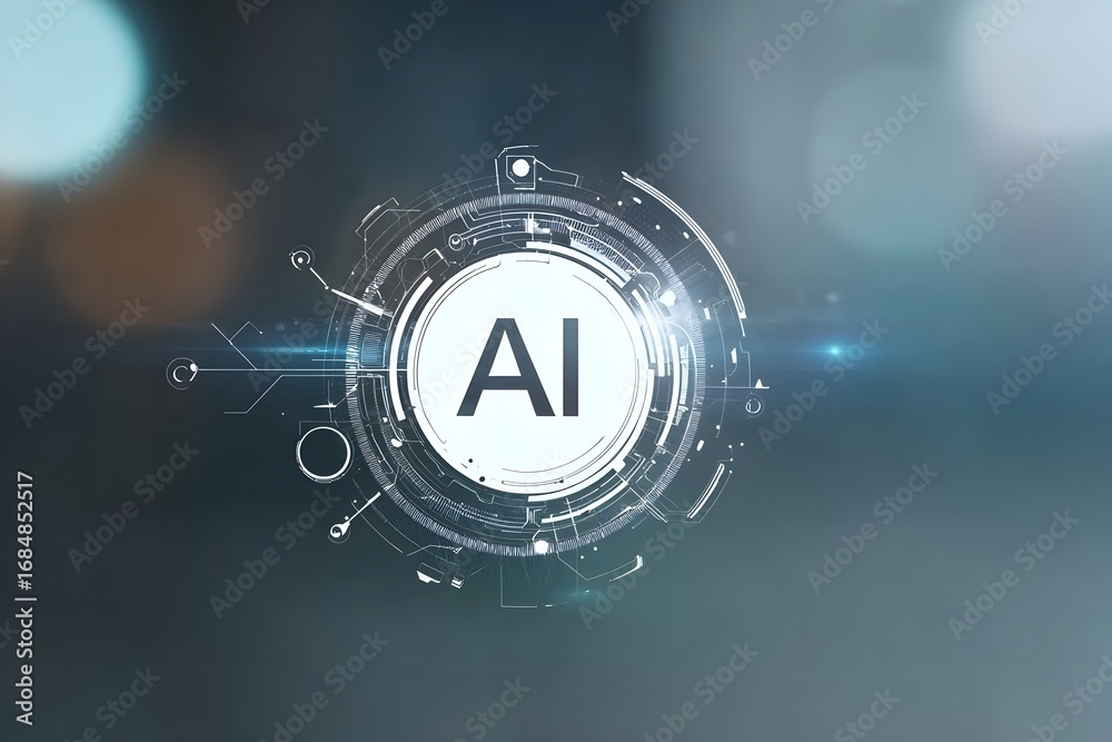 Wall mural abstract futuristic technology background with ai text and a white circle on a light blue-grey color