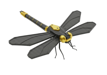 Isolated mechanical dragonfly, robotic insect, insectoid design, carbon fiber technology
