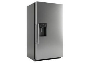 Isolated steel refrigerator with ice dispenser and digital panel against a neutral backdrop