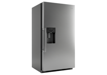 Isolated steel refrigerator with ice dispenser and digital panel against a neutral backdrop