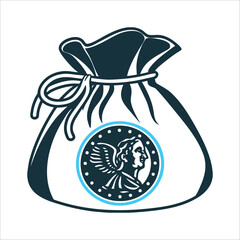 Lucky Silver Dime in Pouch Illustration Silver Dime Bag small cloth pouch tied with twine holding a Mercury dime for luck