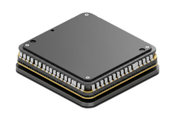 Isolated stack of gray computer components parts assembly layers perspective view, device