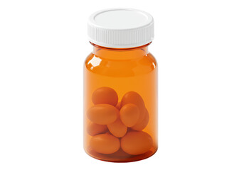 Isolated brown medication bottle with orange pills inside and a white cap is displayed