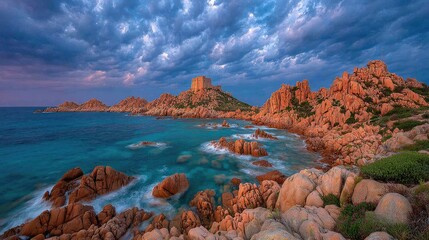 Coastal rocks, dramatic clouds, serene bay