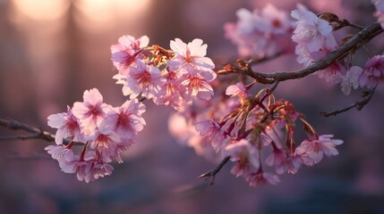 Aesthetic sakura view at dawn with pink blossoms glowing in soft sunlight