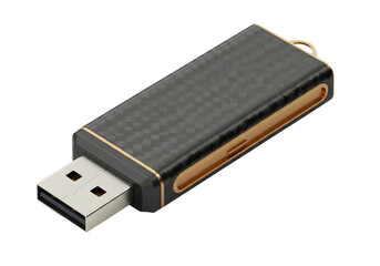 Isolated USB flash drive with gold trim features a sleek and modern design on display