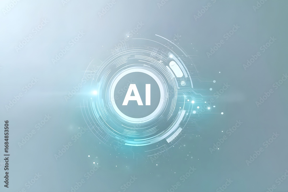 Wall mural abstract futuristic technology background with ai text and a white circle on a light blue-grey color