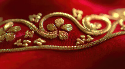 Ornate gold embroidery detail on silky red textile, featuring floral and swirl patterns, luxurious and elegant, suitable for fashion or decorative design inspiration