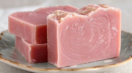 Pink handmade soap bars stacked on a light-gray plate