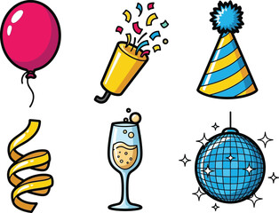 Celebration party elements balloon confetti popper party hat disco ball silhouette