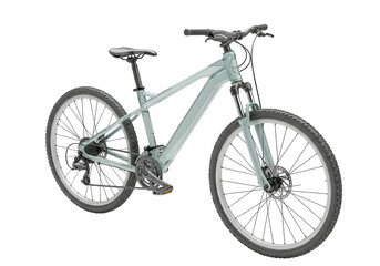 Isolated teal mountain bike with black seat and handle grips for outdoor recreation