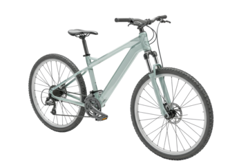 Isolated teal mountain bike with black seat and handle grips for outdoor recreation