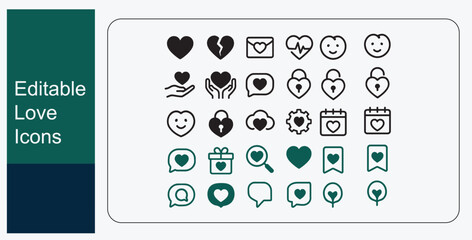 "Love and Valentine's Day vector icons set featuring heart symbols, romantic graphic elements, editable illustrations, affection and relationship icons, dating symbols, heart collection, and love-them