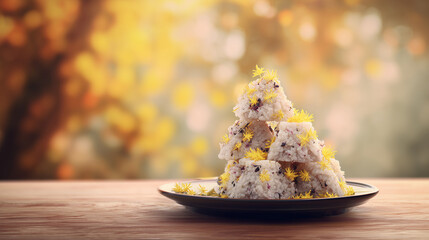 Delicate rice cake pyramid dusted with osmanthus flowers, showcasing festive autumn flavors.