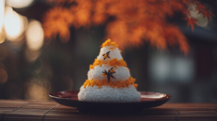 Delicate rice cake pyramid dusted with osmanthus flowers, showcasing festive autumn flavors.