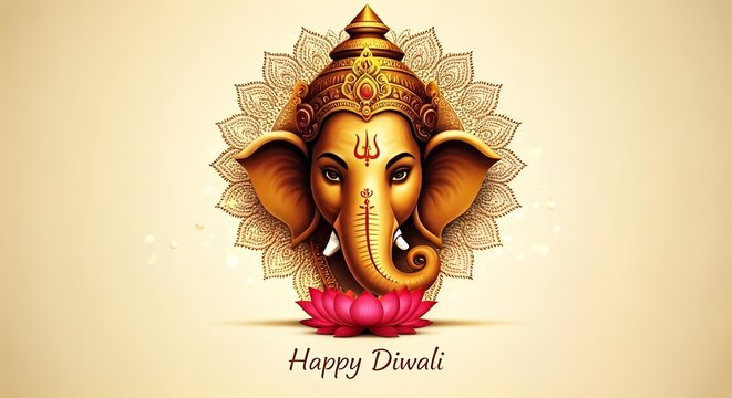 Illustration of a golden Ganesha head with a pink lotus flower on a beige background with a Diwali greeting for the Hindu festival of lights and Halloween celebrations.