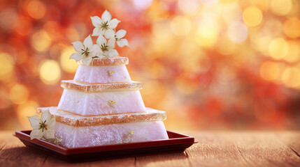 Delicate rice cake pyramid dusted with osmanthus flowers, showcasing festive autumn flavors.