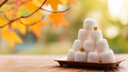 Delicate rice cake pyramid dusted with osmanthus flowers, showcasing festive autumn flavors.