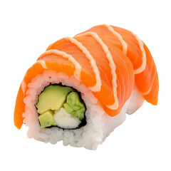 One delectable uramaki sushi roll featuring fresh salmon, avocado, and cream cheese, drizzled with Japanese mayonnaise and isolated on a clean white background