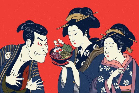 Waitress serving ramen in traditional Ukiyo-e Kabuki style illustration, blending Edo-era Japanese art with modern food culture and vintage poster design. 