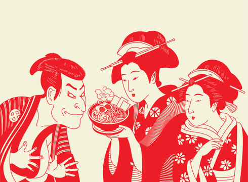 Waitress serving ramen in traditional Ukiyo-e Kabuki style illustration, blending Edo-era Japanese art with modern food culture and vintage poster design. 