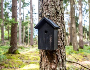 Dark birdhouse on a tree trunk in a forest