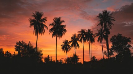 Obraz premium Jungle sunset with silhouettes of tall palm trees, cinematic natural style