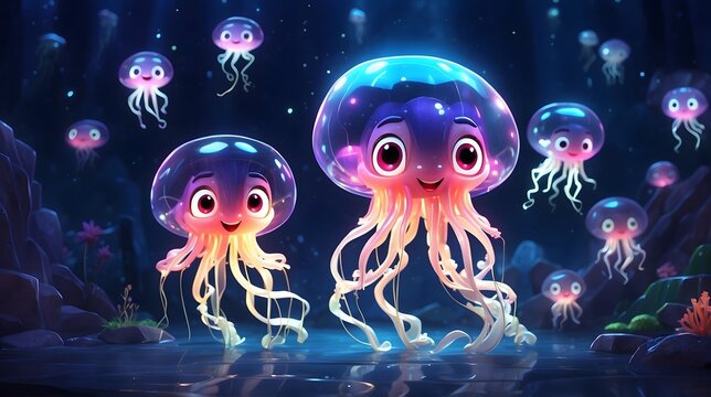 A fairytale princess with long flowing hair, like a blue ribbon of light, is reflected in the water under a night sky filled with starlight and sparkling illustrations