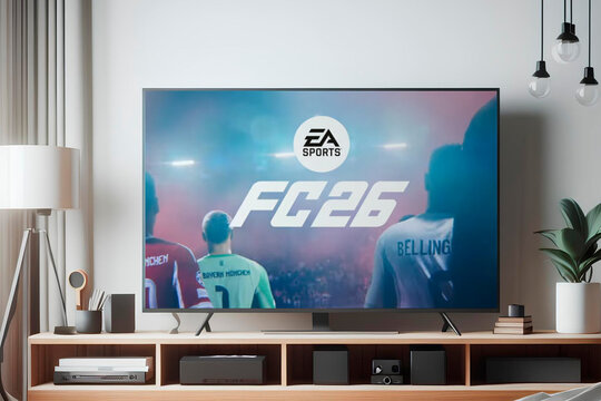 Modern tv showing ea sports fc 26 in living room
