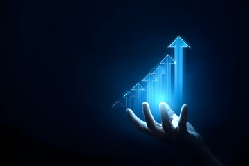 Hand holding a growth graph and an arrow pointing up on a blue background, a business or stock market concept with a financial chart rising to success.