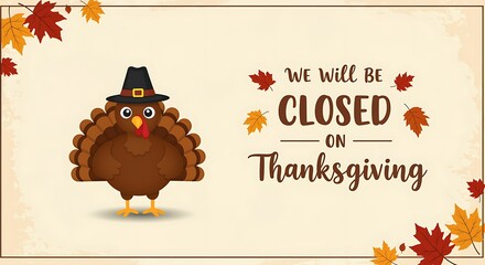 Thanksgiving Closed Notice With A Cartoon Turkey In A Pilgrim Hat And Autumn Leaves