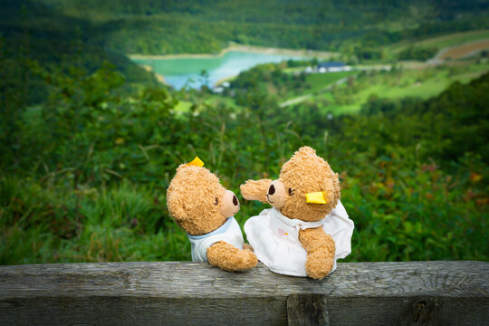 2 Teddyb&auml;ren im Portr&auml;t vor dem Glems Stausee  in der Schw&auml;bischen Alb