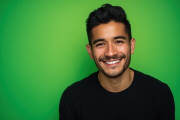 Obraz premium Young hispanic man smiles brightly against a vibrant green background showcasing his friendly demeanor and style in casual fashion