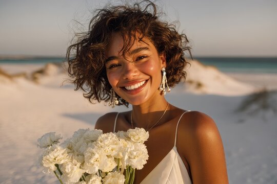 Young mixed race woman smiles joyfully while holding a bouquet of white flowers on a sandy beach during sunset - Powered by Adobe